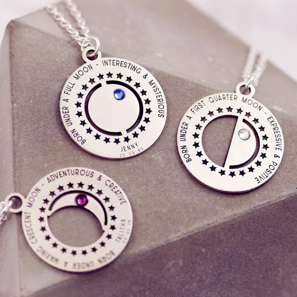 Moon Phases Necklace | Birthstone Necklace | Nameplate Necklace | Half Moon Necklace | Crescent Necklace | Moon Phases Jewelry |