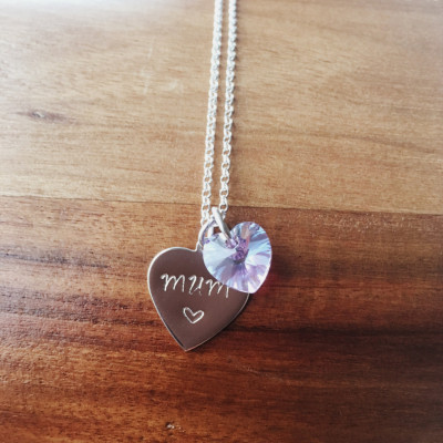 Mothers Day Necklace, Heart Necklace, Present for Mum, Sterling Silver Personalised handstamped necklace, Swarovski crystal, gift for her