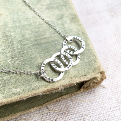 Multi mini hoop sterling silver personalised name and date necklace. Handmade name necklace. Date of birth, children