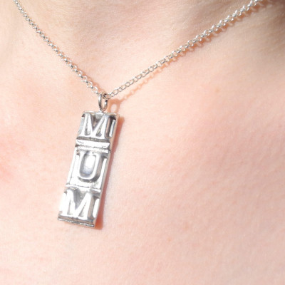 Mum gift, silver mum necklace, mum jewellery, mum gifts, retro necklace, typography jewellery, birthday gifts, mum pendant, love mum,