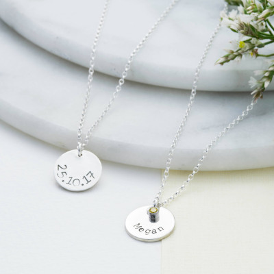 Name Necklace in Sterling Silver | Handmade Birthstone Disc Necklace | Personalised Handstamped Birthstone Necklace | Gifts for Her under 50