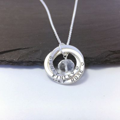 Personalised 3 ring name necklace, April birthstone jewellery, sterling silver Russian ring necklace, gift for Mum, family name necklace