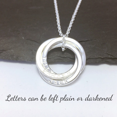 Personalised 3 ring name necklace, April birthstone jewellery, sterling silver Russian ring necklace, gift for Mum, family name necklace