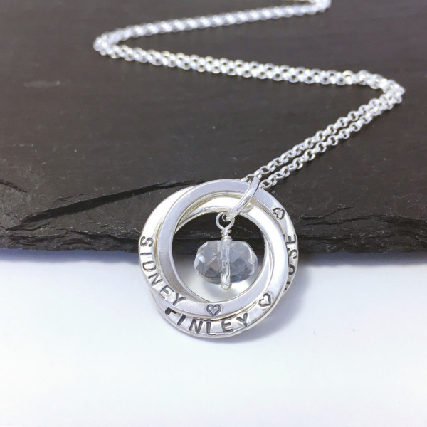 Personalised 3 ring name necklace, April birthstone jewellery, sterling silver Russian ring necklace, gift for Mum, family name necklace