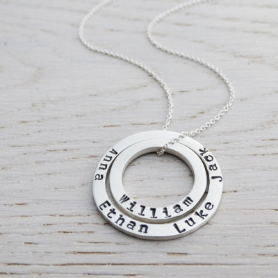 Personalised Double Silver Circle Necklace With Hand Stamped Names - Sterling Silver
