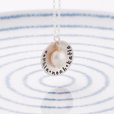 Personalised Family Dome Necklace with Coin Pearl - Sterling Silver