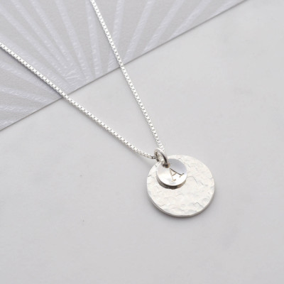 Personalised Hammered Silver Disc Necklace - Sterling Silver Circle Necklace - Initial Disc Pendant - Textured Disc Pendant
