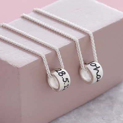 Personalised Mojo Charm Bead silver necklace - deeply engraved with name, date, phrase plus anchor, heart, flower and star symbols.