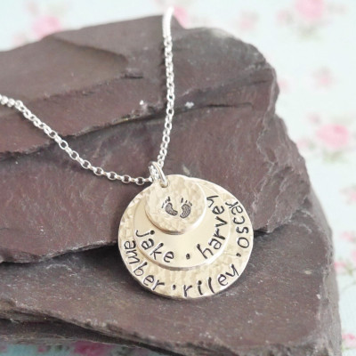 Personalised Mothers Day Gift Idea for Her, Stacked Mothers Necklace, Hammered, Layered, Baby Feet, Childrens Names, Triple Disc Pendant