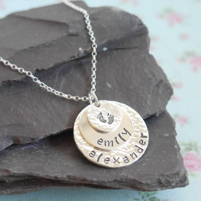 Personalised Mothers Day Gift Idea for Her, Stacked Mothers Necklace, Hammered, Layered, Baby Feet, Childrens Names, Triple Disc Pendant