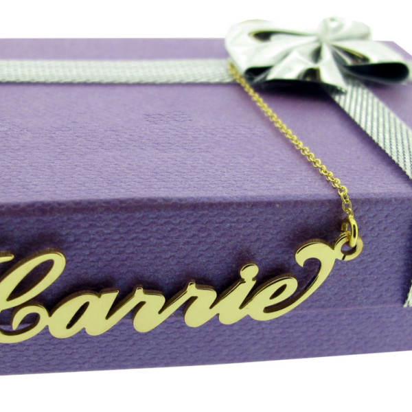 Personalised Name Necklace Pendant Carrie with Curl Style 18ct Gold Plated on Sterling Silver ANY NAME including Chain & Gift Box