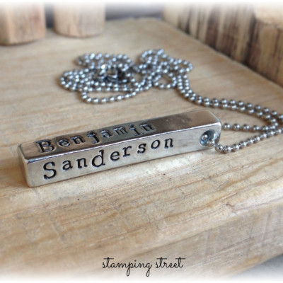 Personalised Necklace, Personalized, Chain, Pewter, Square Bar, Hand Stamped all four sides, Gifts for Mummy, Gifts for Wife, Valentines Day