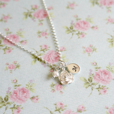 Personalised Rose Necklace, Mothers Day Gift Idea for Her, Silver Flower Pendant, Sterling Silver, Silver & Pearl, Grandma Gift