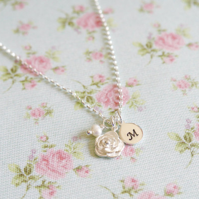 Personalised Rose Necklace, Mothers Day Gift Idea for Her, Silver Flower Pendant, Sterling Silver, Silver & Pearl, Grandma Gift