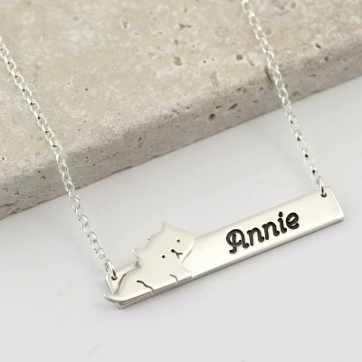 Personalised Sterling Silver Cat Necklace - Bar Necklace