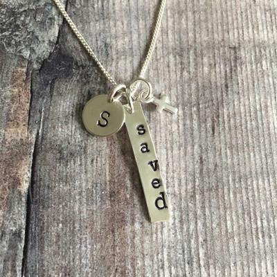 Personalised Sterling Silver Stamped Tag Initial and Cross Necklace, Christian Jewellery, Baptism Gift