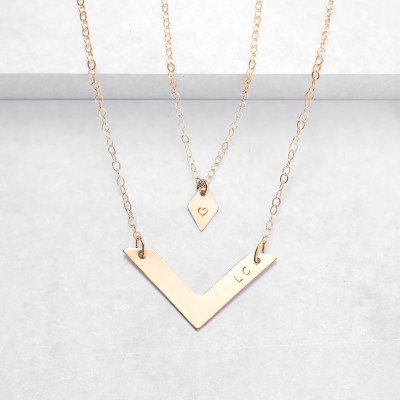 Personalised diamond and chevron necklace set - gold layering necklaces - personalised bar necklace - gold chevron necklace