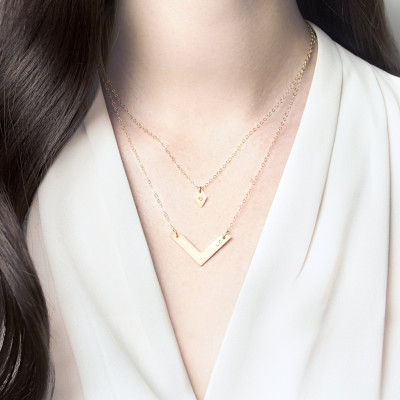 Personalised diamond and chevron necklace set - gold layering necklaces - personalised bar necklace - gold chevron necklace