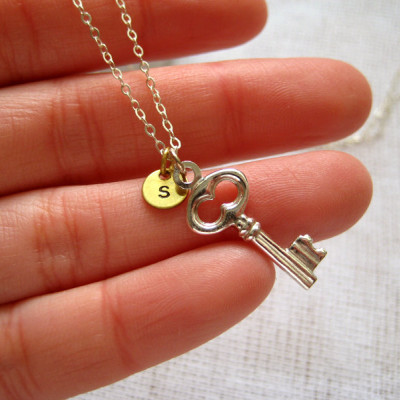 Personalised hand stamped brass disc & sterling silver key charm necklace - Heartcode