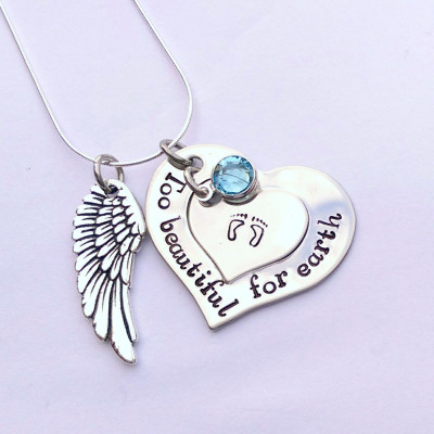 Personalised memorial gift - Too beautiful for earth - memorial jewellery - angel wing gift - baby memorial gift - bereavement jewellery