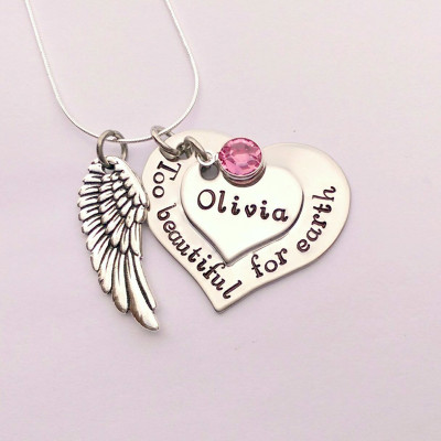 Personalised memorial necklace - Too beautiful for earth - angel wing necklace - remembrance necklace - bereavement gift, in memory necklace