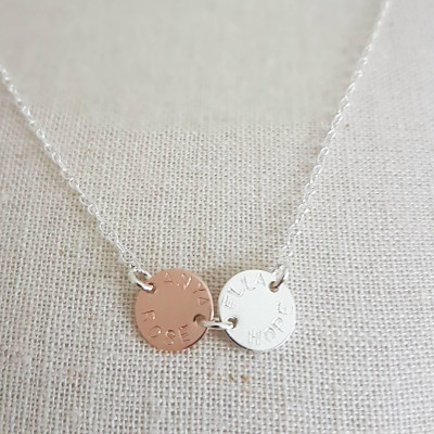 Personalised rose gold and silver name necklace, gold name necklace, gold family necklace, gold silver disc necklace,  mixed metal necklace