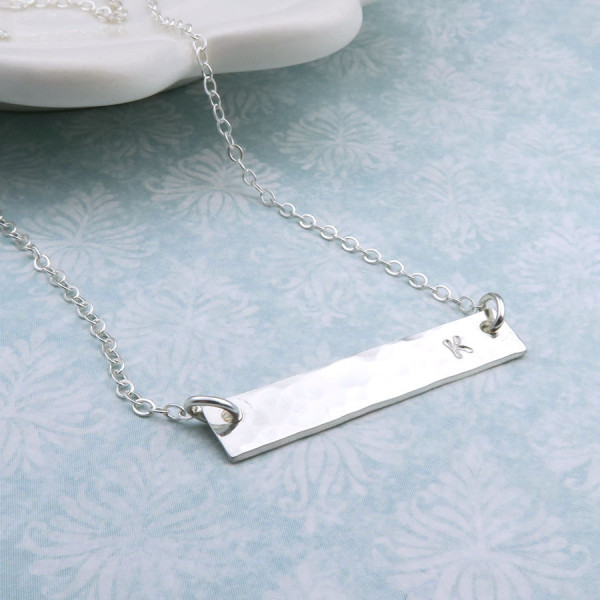 Personalized Horizontal Bar Necklace, single initial necklace, hammered finish sterling silver, layering, minimal jewelry