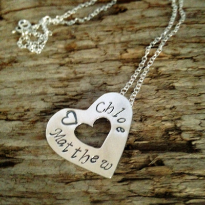 Personalized Silver Necklace, Handmade Heart Pendant Stamped with Names, New Mother Gift, Baby Shower, Bridal Jewellery, Wedding Gift Mum