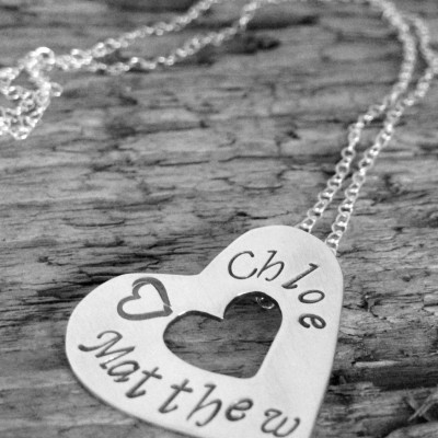 Personalized Silver Necklace, Handmade Heart Pendant Stamped with Names, New Mother Gift, Baby Shower, Bridal Jewellery, Wedding Gift Mum