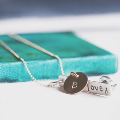 Personalized Silver and Gold Necklace with Word and Initial + Glass Beads : A Gift For Her  {Hand Stamped 18k Gold Fill & Sterling Silver}