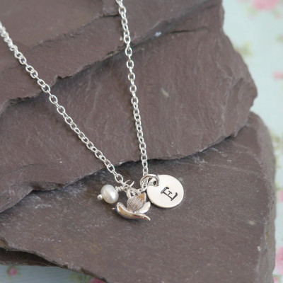 Personalized Tiny Bird Necklace, Mothers Day Gift Idea, Sterling Silver Initial Necklace, Freshwater Pearl, Little Bird, Silver Bird