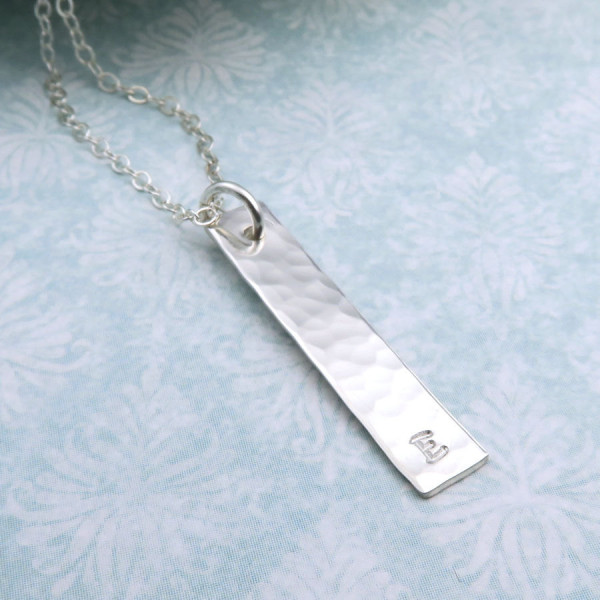 Personalized Vertical Bar Necklace, single initial, hammered finish sterling silver, layering, minimal jewelry