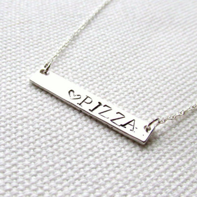 Pizza Bar Necklace Sterling Silver Chain Hand Stamped Custom Personalized Bar Word Jewelry Junk Food
