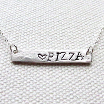 Pizza Bar Necklace Sterling Silver Chain Hand Stamped Custom Personalized Bar Word Jewelry Junk Food