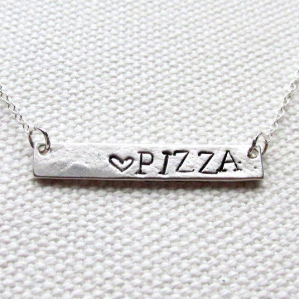 Pizza Bar Necklace Sterling Silver Chain Hand Stamped Custom Personalized Bar Word Jewelry Junk Food