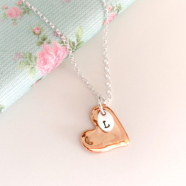 Rose Gold Heart Necklace, Personalised Valentines Day Gift Idea, Heart Pendant, Rose Gold & Silver, Gift for Best Friend,One Initial Pendant