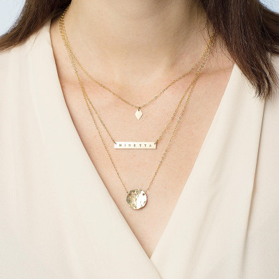 Set of 3 layered necklaces - personalised layering necklaces - gold bar necklace - initial necklace - hammered disc - necklace gift set