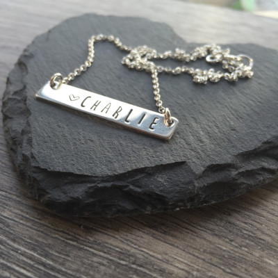 Silver Bar Necklace, Name, Birth, Personalised, New mum gift, Hand Stamped Necklace