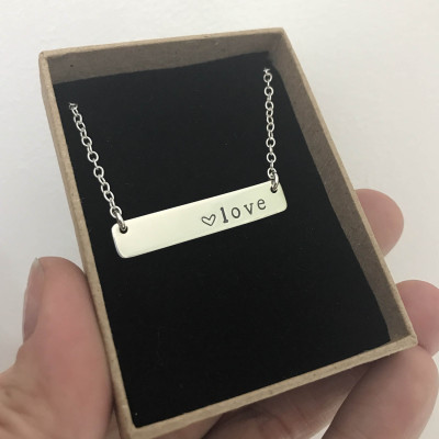 Silver Bar Necklace, Sterling Silver, Hand Stamped Love Heart Necklace