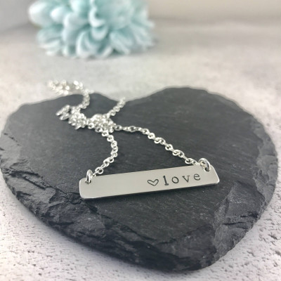 Silver Bar Necklace, Sterling Silver, Hand Stamped Love Heart Necklace