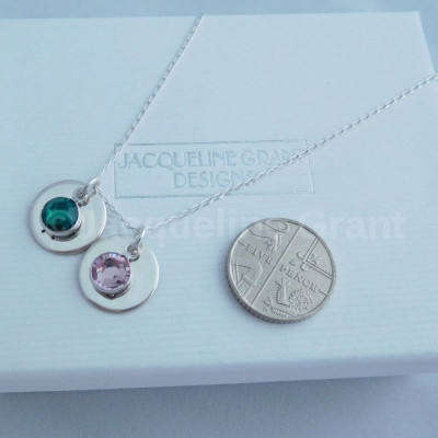 Silver Initial Discs Necklace - Birthstones Pendant - Personalised Necklace - Anniversary Gift - Mother's Day Pendant - Bridal Pendant