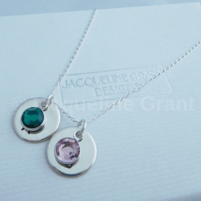 Silver Initial Discs Necklace - Birthstones Pendant - Personalised Necklace - Anniversary Gift - Mother's Day Pendant - Bridal Pendant