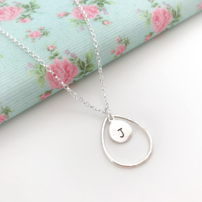 Silver Personalised Initial Necklace, Mothers Day Gift Idea for Her, Initial Jewellery, Teardrop Oval, Textured Metal, Monogram Pendant