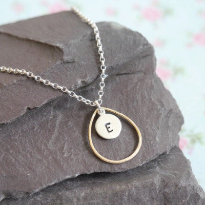 Silver and Gold Personalised Initial Necklace, Mothers Day Gift Idea for Wife, Mixed Metal Necklace, Initial Jewellery, Teardrop Oval