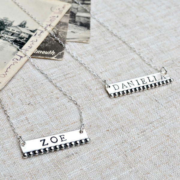 Silver beaded name initial necklace. Monogram, personalised sterling silver bar necklace