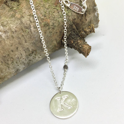 Silver initial necklace, birthstone necklace, personalised jewelry, stamped pendant, silver initial pendant, simple jewellery, birthday gift