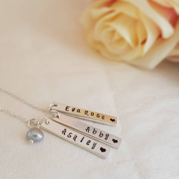 Silver personalised bar necklace with freshwater pearl or Swarovski birthstone accent