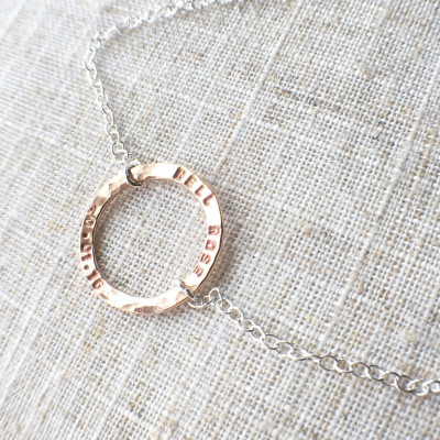 Single hoop rose gold filled and sterling silver personalised necklace. Personalised name and date necklace. Metal stamped necklace