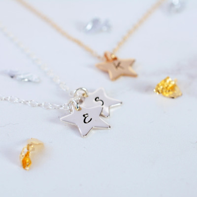 Star Initial Charm Necklace in Silver or Gold | Handmade Gold Star Necklace | Hand-stamped Star Initial Necklace | Silver Star Necklace