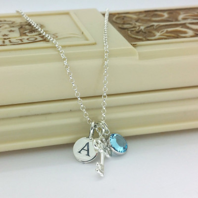 Sterling Key 16th,18th or 21st Birthday Necklace.Sterling Silver Key Necklace with Sterling Key and Swarovski Birthstone dangle.